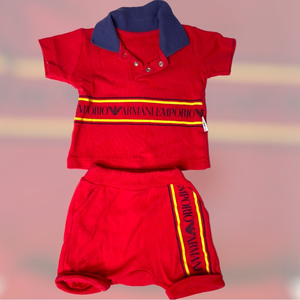 Pre Owned Stylish Unisex Emporio Armani Look Red 2 pcs Outfit Tshirt Shorts
